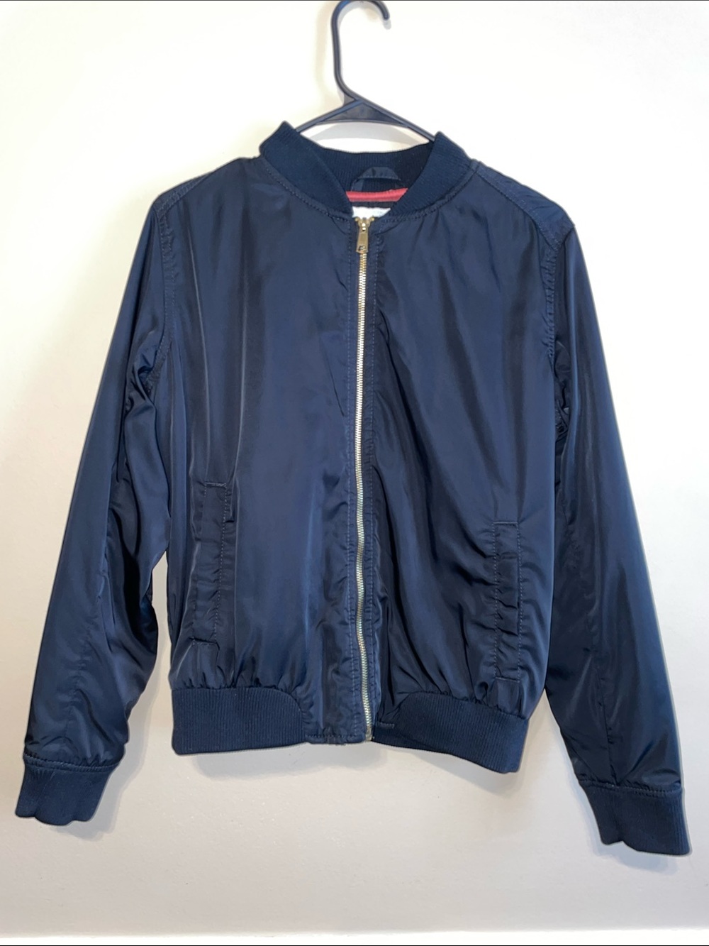 Old Navy Women’s Satin Black Pink Lined Gold-Zip Bomber Jacket
